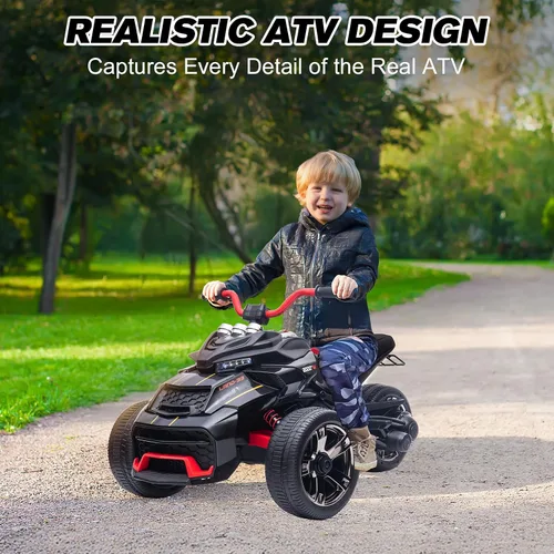 Vista 6 de Motocicleta eléctrica para niños de 12 V, rueda eléctrica de 3 ruedas, con luces LED, neumáticos EVA, velocidad alta y baja, bocina, música, negro