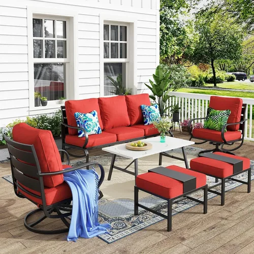 Vista 10 de MFSTUDIO Juegos de muebles de patio, sofás de conversación de metal para exteriores con 1 sofá de 3 asientos para jardín, cojín beige
