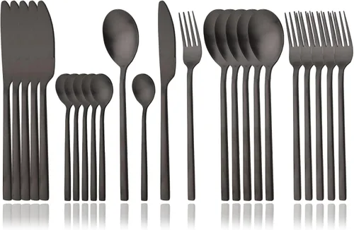 Vista 11 de JASHII Juego de cubiertos cepillados, juego de cubiertos de acero inoxidable de 24 piezas, servicio para 6, cuchillo mate, tenedor, cucharas