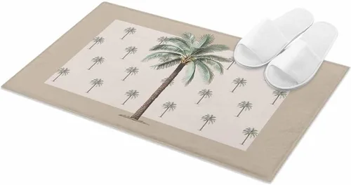 Vista 3 de Alfombra de baño antideslizante con diseño geométrico de palmeras tropicales de verano sobre fondo marrón, suave, peludo, largo, peludo, de 16 x 24