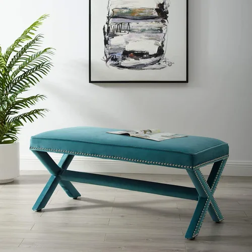 Vista 6 de Modway Rivet - Banco moderno tapizado de terciopelo con base en X y ribete de cabeza de clavo, color gris