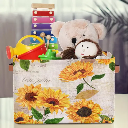 Vista 4 de Cesta de almacenamiento de flores y girasoles, organizador plegable grande para estantes, cubos de lona resistentes con asas para juguetes, armario