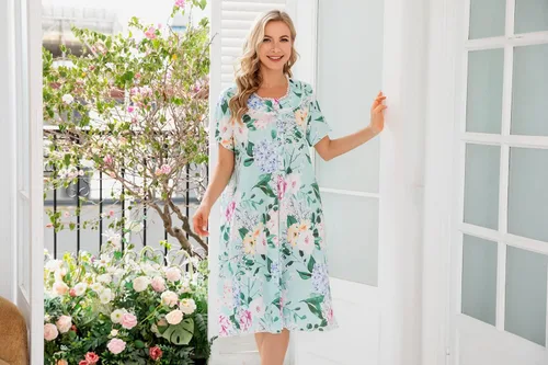 Vista 2 de COSUNIONY Camisones para mujer, de algodón suave, manga corta, para dormir, casual, con bolsillos