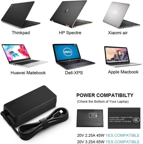 Vista 5 de Cargador compatible con computadora portátil Lenovo 65W 45W USB C Adaptador de alimentación rápida