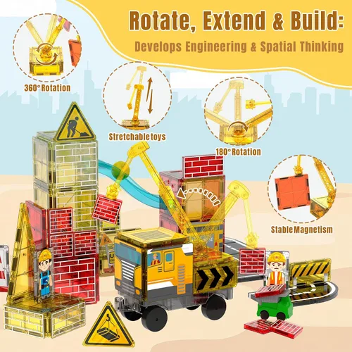 Vista 3 de Azulejos magnéticos para niños de 4 a 8 años, juguetes de construcción con Amarillo y rojo