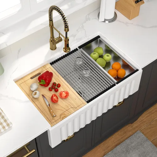 Vista 12 de Fregadero de 33 unidades de arcilla refractaria de 33 x 20 x 10 pulgadas, color blanco, fregadero de cocina de porcelana de cerámica, estilo casa