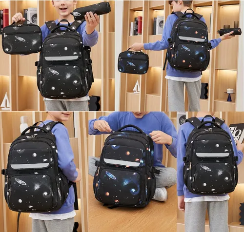 Vista 6 de Mochila JiaYou con patrón espacial de la galaxia para niños, primaria, escuela media, mochila de día para hombres, mochila para portátil