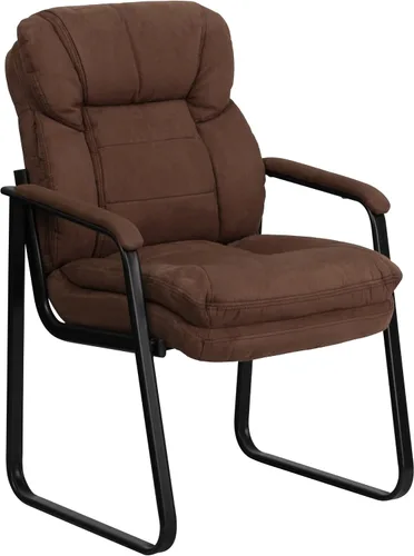 Vista 3 de EMMA + OLIVER Silla lateral de microfibra marrón con soporte lumbar y base de trineo marrón (Brown Microfiber)
