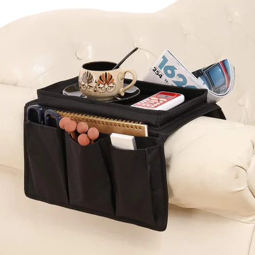 Vista 3 de Durable Oxford - Organizador de reposabrazos de tela antideslizante, bolsillo de almacenamiento con 3 bolsillos, soporte para control remoto de TV