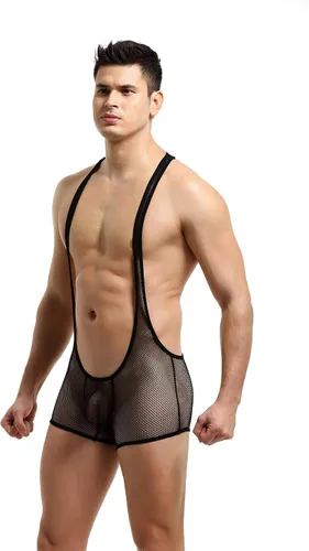 Vista 5 de Body tipo bóxer de malla para hombre, ropa interior para lucha libre Negro