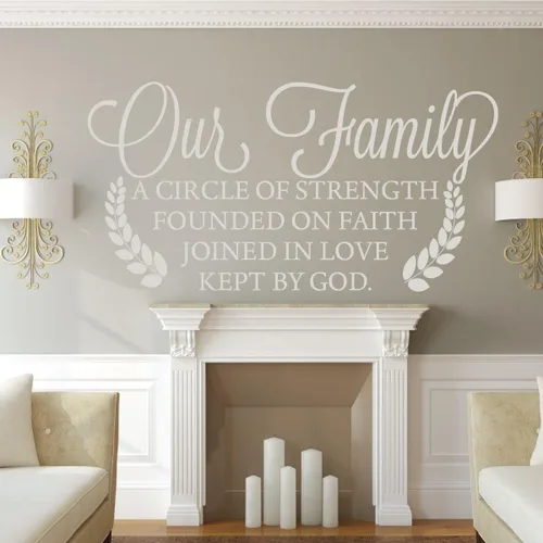 Vista 5 de Decoración de pared familiar – Nuestra familia un círculo de fuerza fundado en la fe unido en el amor mantenido por Dios – Decoración de vinilo