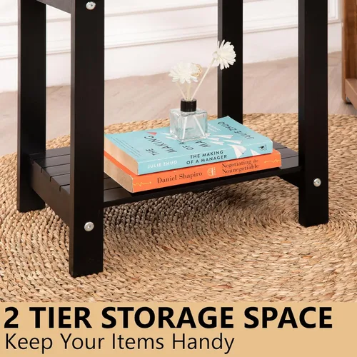 Vista 8 de Mesa de acento Adirondack negra para exteriores – Mesa auxiliar de madera de acacia resistente a la intemperie con almacenamiento doble, pequeña