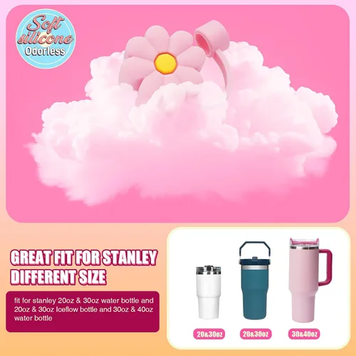 Vista 6 de Juego de accesorios compatibles con Stanley Cup, incluye 2 tapones de silicona a prueba de derrames, 6 piezas de decoración de pétalos para vaso