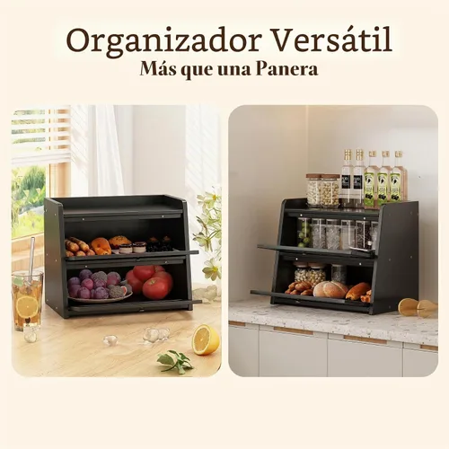 Vista 5 de Panera de bambú grande de doble capa para encimera de cocina, contenedor de almacenamiento de pan de gran capacidad de madera con soporte para pan