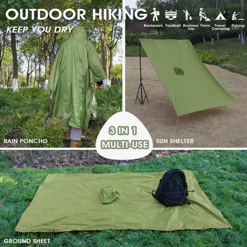 Vista 4 de QIANQUHUI Poncho de lluvia impermeable, ligero, reutilizable, con capucha, chaqueta unisex para senderismo, camping, emergencia
