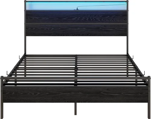 Vista 9 de Base de cama de tamaño matrimonial con cabecero de madera/luces LED, plataforma de metal, tamaño matrimonial con estación de carga, soporte