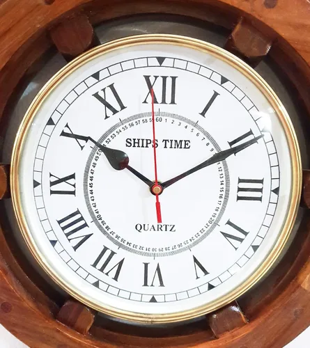 Vista 4 de Reloj de pared náutico marino antiguo de 18 "de madera para decoración del hogar