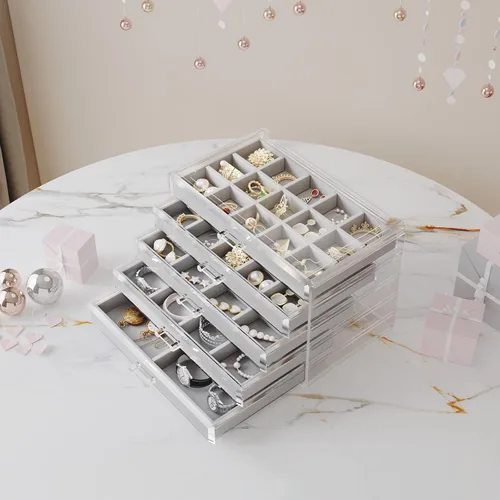 Vista 6 de Harmon Wandyer Organizador de joyas de acrílico con 5 cajones, organizador de almacenamiento de aretes transparente para mujeres y niñas, gris