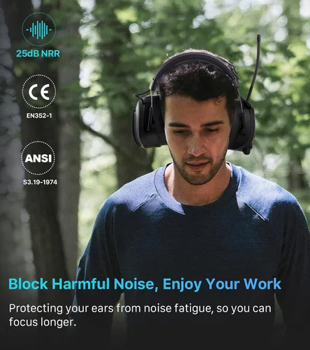 Vista 8 de Bluetooth 5.4 AM/FM Radio Hearing Protection Earmuff, 25dB NRR Rechargeable for Mowing, Construction, Chainsaw