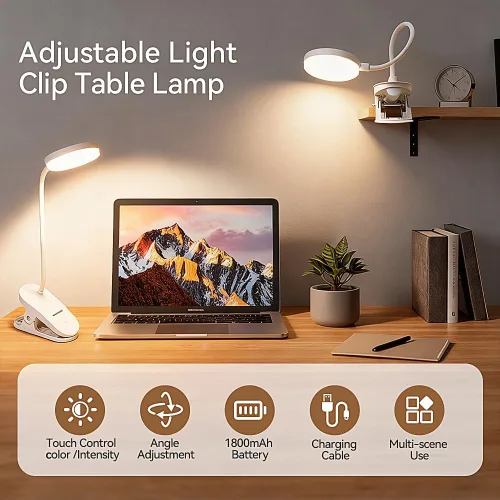 Vista 2 de Luz de abrazadera con clip para cabecera de cama, lámpara de escritorio recargable, 3 colores (blanco/blanco cálido/cálido), cuello de cisne