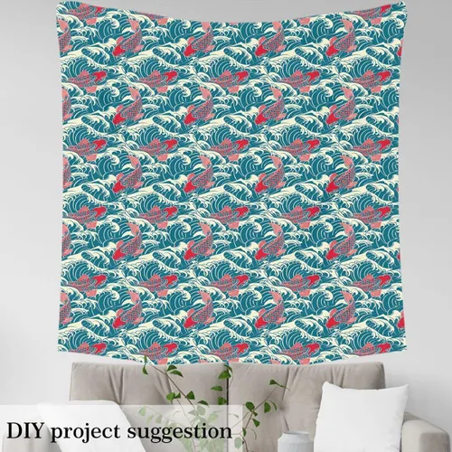 Vista 3 de Koi Fish - Tela de tapicería de The Yard, tela decorativa japonesa exótica Hokusai con olas del océano para tapicería y proyectos de bricolaje