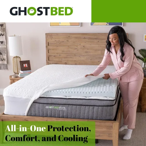 Vista 2 de GhostBed Cubrecolchón de espuma viscoelástica de gel refrescante de 3 pulgadas, funda impermeable, protector y cubrecolchón en uno, tamaño individual