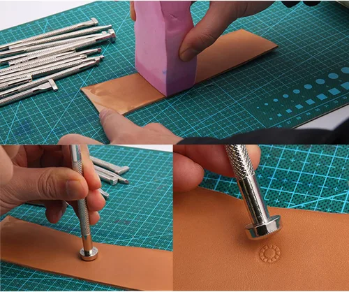 Vista 5 de Kit de herramientas de estampado de cuero, juego de punzones de cuero de diferentes formas, kit de herramientas de tallado de cuero con martillo