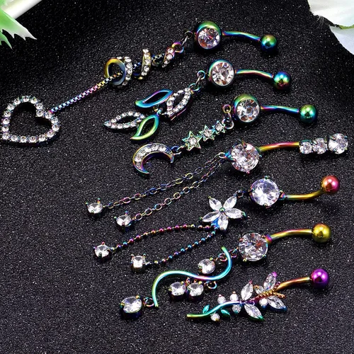 Vista 5 de 7PCS 14G 10mm Stainless Steel Dangle Belly Button Rings for Women Belly Piercing CZ Inlaid