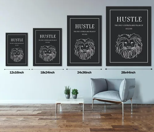 Vista 5 de Inspirational Hustle Wall Art - Lion Head withEncouraging Quotes Canvas Print Motivational Wall Decor, Black and White Office Picturtes Success
