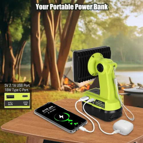Vista 2 de Linterna de 18 W compatible con batería Ryobi de 18 V, reflector de luz de 2000LM 18V con puerto USB, puerto tipo C, cabezal giratorio de 110 grados