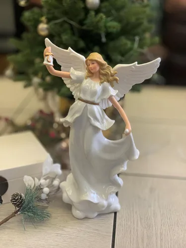 Vista 4 de Art Lins Escultura de ángel rezando con luz LED – Figura de ángel guardián de porcelana fina de 12.9 pulgadas que sostiene una campana, decoración