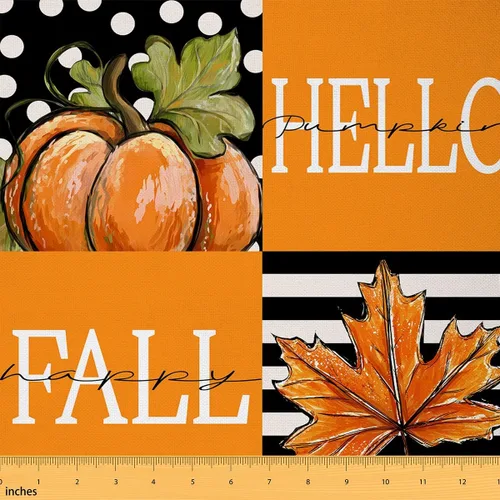 Vista 9 de The Yard - Tela con texto en inglés «Hello Fall», 36 pulgadas de largo x 59 pulgadas de ancho, hojas de árbol de calabaza otoñal, tela de tapicería