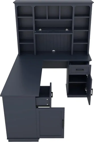 Vista 5 de RUNNA Escritorio para computadora en forma de L para el hogar y la oficina con almacenamiento (azul antiguo # 048)