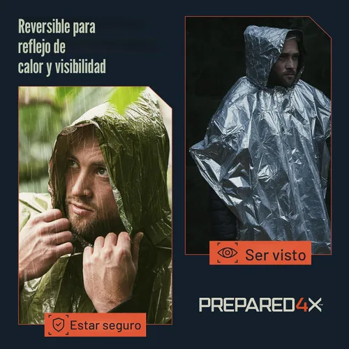 Vista 4 de PREPARED4X Poncho de emergencia Mylar – Poncho de lluvia de supervivencia con capucha – Ligero, compacto, reutilizable, manta de emergencia Poncho