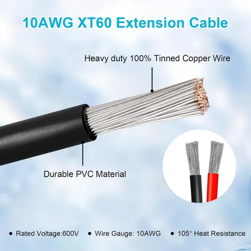 Vista 4 de Cable de extensión XT60 de 10 AWG de 1 pie, 2 unidades, 2, 3, 5, 10, 10, 15, 20, 25, 30, 35, 40, 50, 75, 100 pies, conector hembra a macho XT60