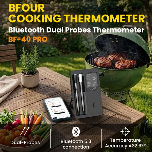 Vista 2 de BFOUR Termómetro digital inalámbrico para carne con 2 sondas impermeables mejoradas, termómetro Bluetooth para barbacoa inalámbrico con pantalla