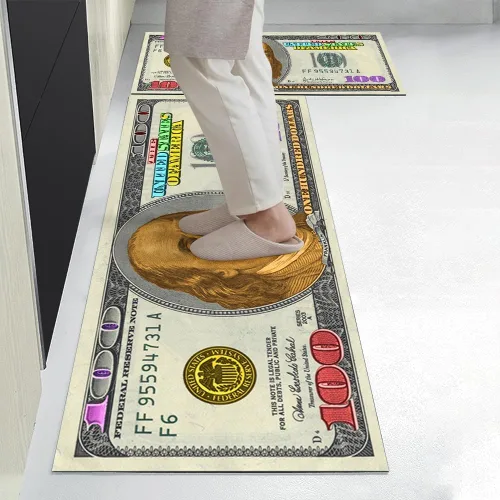 Vista 6 de GUBIYU Juego de 2 alfombras y tapetes de cocina color beige y dorado para billetes de 100 dólares, alfombra divertida y fresca para baño