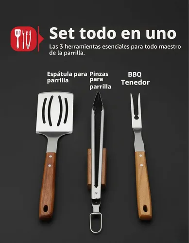 Vista 2 de Juego de herramientas profesionales para barbacoa de madera de acacia (3 piezas) – Kit de accesorios de parrilla de acero inoxidable resistente