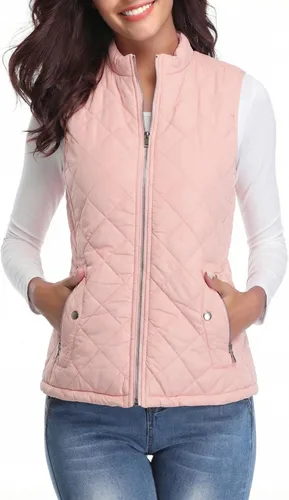Vista 19 de Fuinloth Women's Quilted Vest Lightweight Puffer Stand Collar Zip Gilet Beige