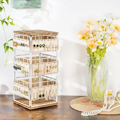 Vista 3 de Yoimori Organizador de aretes, organizador de almacenamiento de aretes con base de madera, 48 ganchos para mujeres y niñas, organizador de joyas
