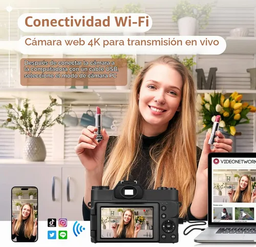 Vista 7 de Cámara digital 4K, cámara de vlogging con WiFi para YouTube, enfoque automático 16X Zoom 48MP Cámaras Fotografía Tarjeta SD de 64 GB, Gran Angular