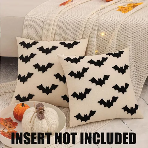 Vista 4 de Juego de 2 fundas de almohada de Halloween de 16 x 16 pulgadas con bordado de murciélagos 3D negros, fundas de almohada de Acción de Gracias, fundas