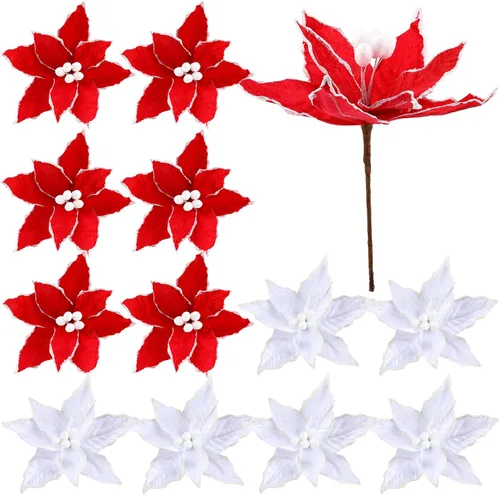 Vista 13 de Zeyune 6 Piezas Flores de Pascua Azules de Navidad Artificiales Grandes Espinas de Pascua Falsas Flores de Franela con Borde Helado para Adornos