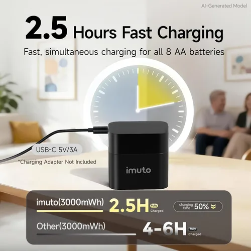 Vista 6 de imuto Baterías AA recargables con cargador, 3000 mWh aa Litio Paquete de 4