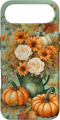 Vista 27 de Vintage Autumn Flower Fall Pumpkin Teal Case for iPhone 17