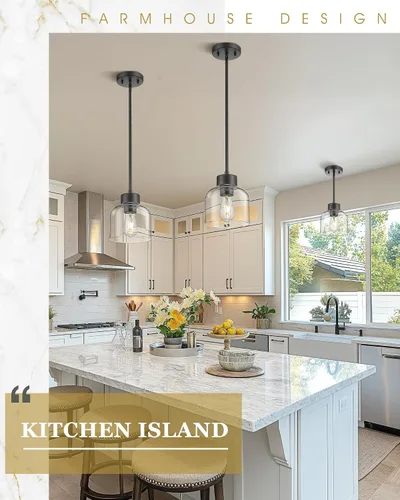 Vista 4 de Luces Colgantes Negras para Isla de Cocina, Accesorios de Luces Colgantes de 7" con Pantalla de Vidrio Transparente, Iluminación Colgante Moderna