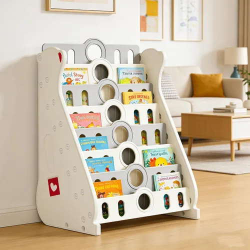 Vista 9 de Estantería infantil y almacenamiento de juguetes para niños pequeños, estantería blanca de 4 niveles para dormitorio/guardería/aula, estantería