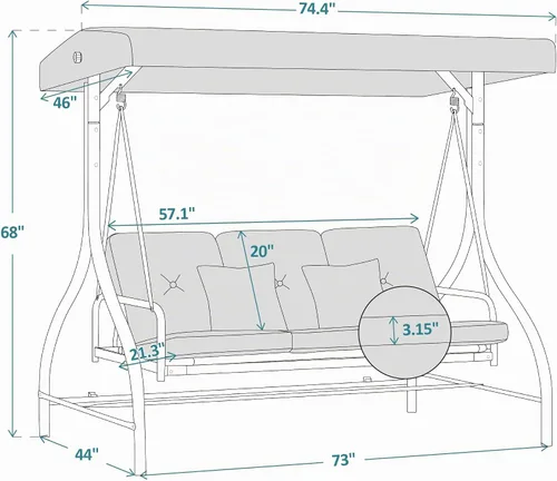 Vista 3 de MCombo - Silla de columpio para patio al aire libre, respaldo ajustable y dosel, silla de columpio para porche, con cojines, 3 asientos