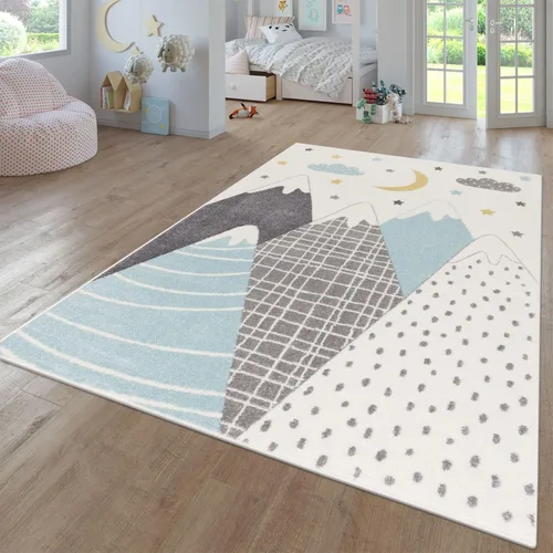 Vista 5 de Paco Home Alfombra infantil para guardería con montañas de colores pastel, estrellas de ensueño y luna en azul, tamaño: 2'8" x 4'11