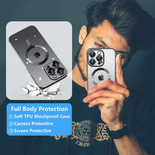 Vista 6 de Magsafe - Funda magnética transparente para iPhone 14 Pro con protector de pantalla y funda para cámara, galvanizada transparente para Negro